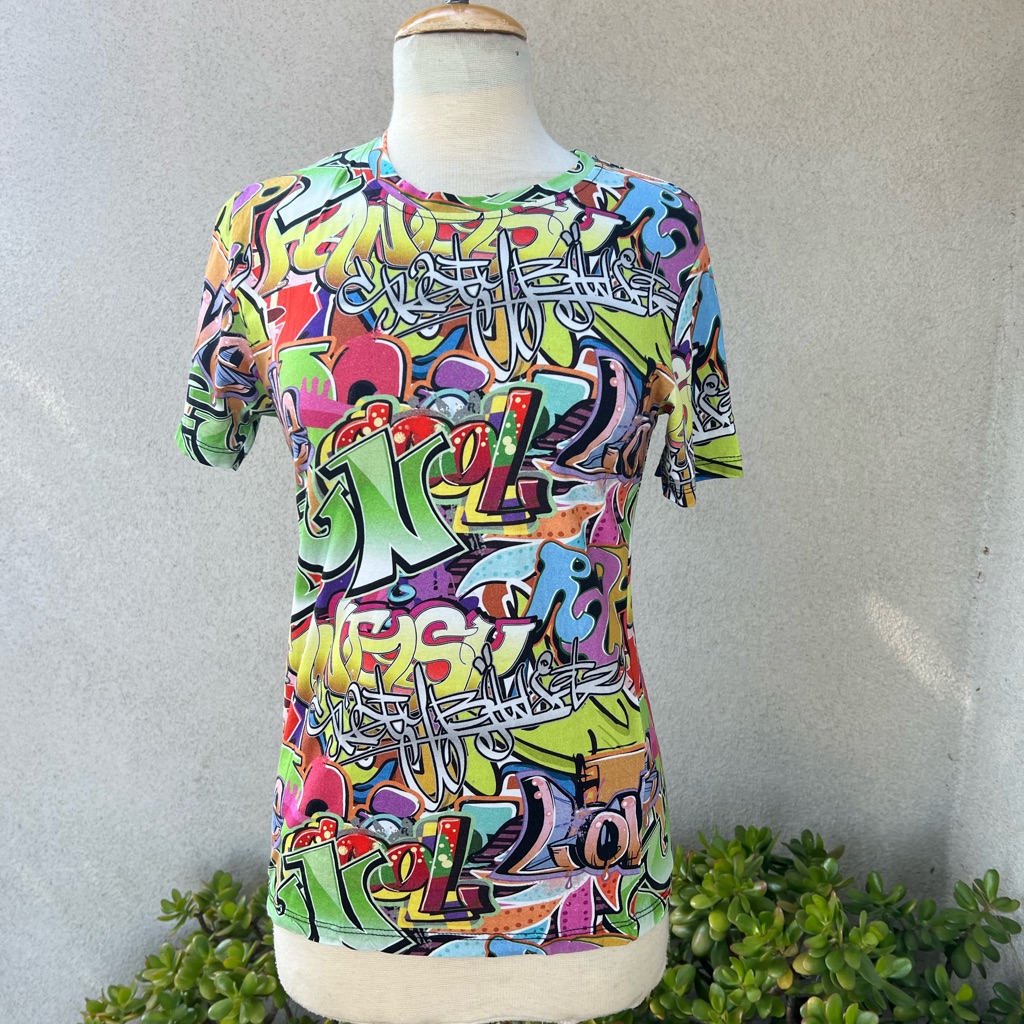 Jonny Wolf Funky Graffiti Print T Shirt Sz S/M Made In Italy. 100% Cotton